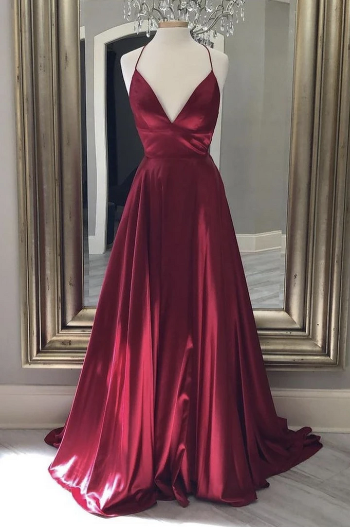 Simple A Line V Neck Burgundy Satin Backless Long Prom Dresses, Open Back Burgundy Satin Formal Evening Dresses Simple A Line V Neck Burgundy Satin Backless Long Prom Dresses, Open Back Burgundy Satin Formal Evening Dresses