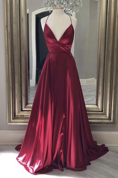 Simple A Line V Neck Burgundy Satin Backless Long Prom Dresses, Open Back Burgundy Satin Formal Evening Dresses