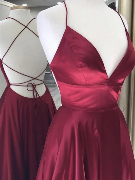 Simple A Line V Neck Burgundy Satin Backless Long Prom Dresses, Open Back Burgundy Satin Formal Evening Dresses