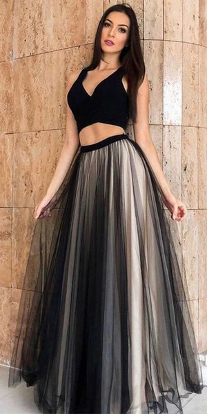 Black V Neck Tulle Two Pieces Long Prom Dresses, V Neck Black 2 Pieces Long Formal Evening Dresses