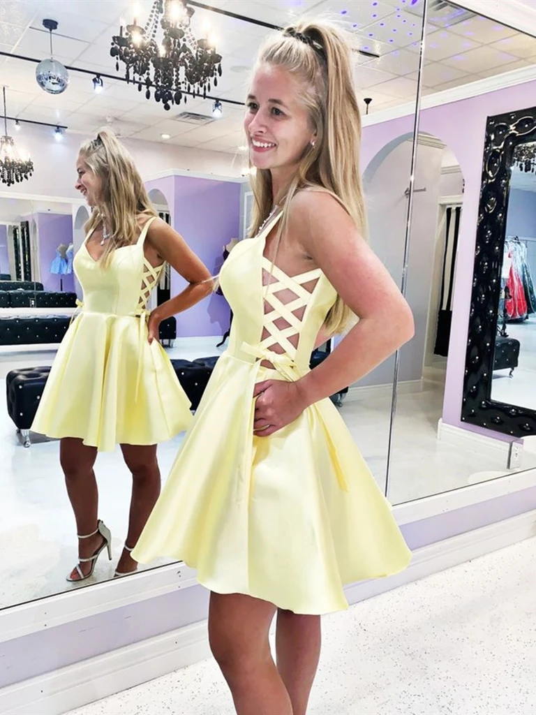 V Neck Yellow Short Satin Prom Dresses, Short Yellow Formal Evening Gr morievent V Neck Yellow Short Satin Prom Dresses, Short Yellow Formal Evening Gr morievent