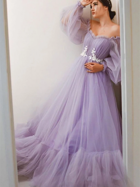 Purple Tulle Long Sleeves Prom Dresses, Purple Tulle Long Sleeves Formal Evening Dresses