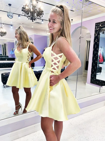 V Neck Yellow Short Satin Prom Dresses, Short Yellow Formal Evening Graduation Homecoming Dresses