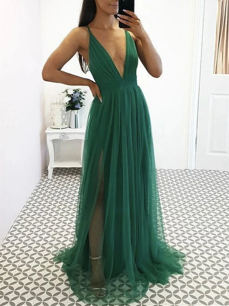 Sexy Deep  V Neck Green Tulle Long Prom Dresses, V Neck Green Formal Dresses, Green Tulle Evening Dresses