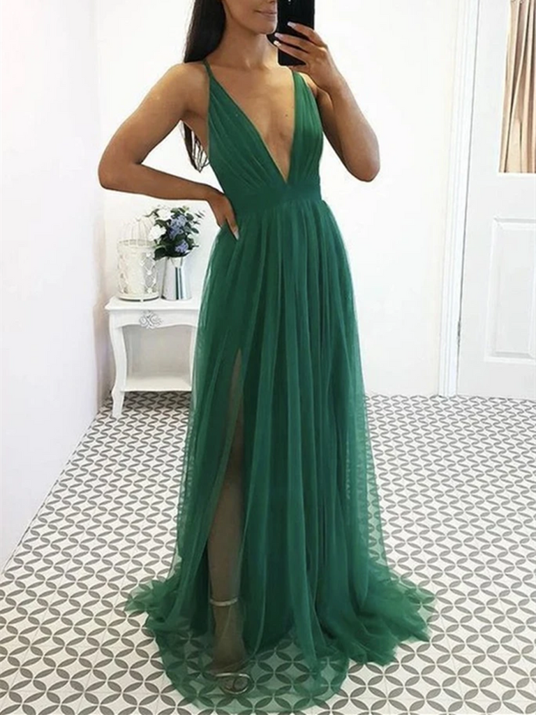 Sexy Deep V Neck Green Tulle Long Prom Dresses, V Neck Green Formal Dr morievent Sexy Deep V Neck Green Tulle Long Prom Dresses, V Neck Green Formal Dr morievent