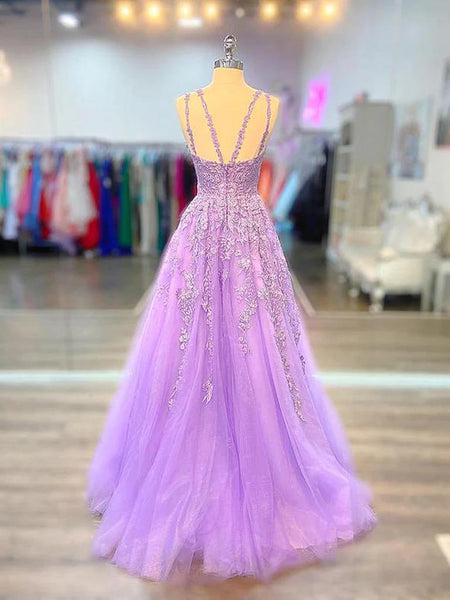 A Line V Neck Purple Lace Prom Dresses, Purple Lace Formal Evening Dresses