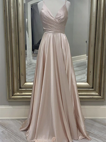 A  Line V Neck Satin Long Prom Dresses, Simple Satin V Neck Long Formal Evening Dresses