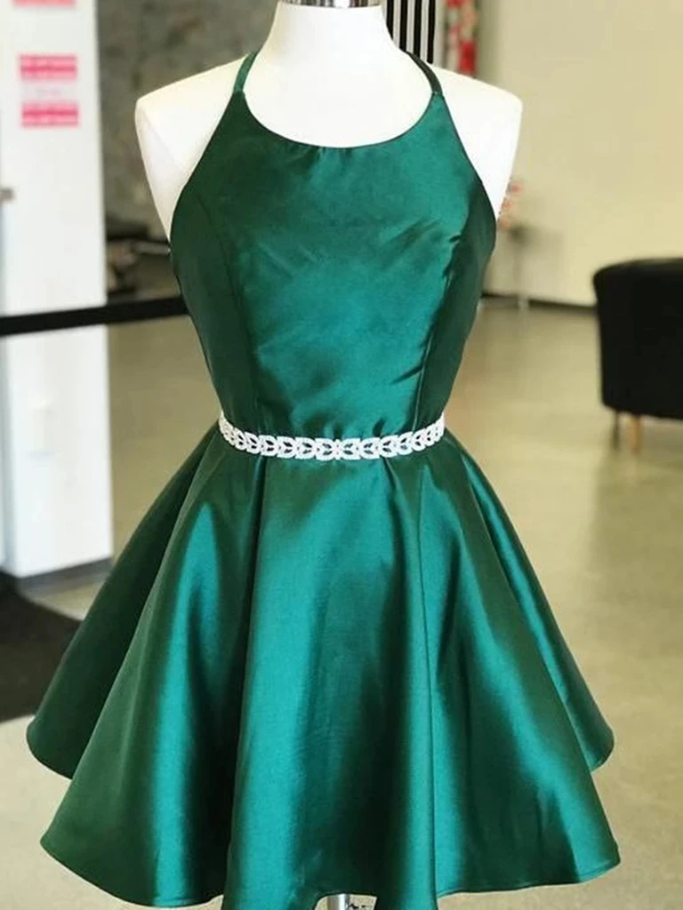 A Line Halter Neck Short Emerald Green Prom Dresses, Short Emerald Green Formal Evening Homecoming Graduation Dresses