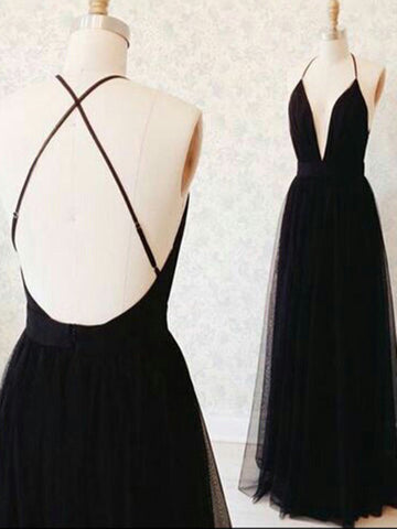 Custom Made A Line V Neck Black Backless Prom Dresses, Black Backless Formal Dresses, Bridesmaid Dresses