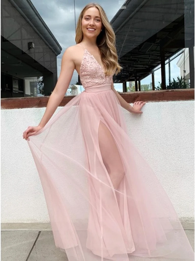 Elegant A Line Deep V Neck Pink Lace Long Prom Dresses with High Slit, morievent Elegant A Line Deep V Neck Pink Lace Long Prom Dresses with High Slit, morievent