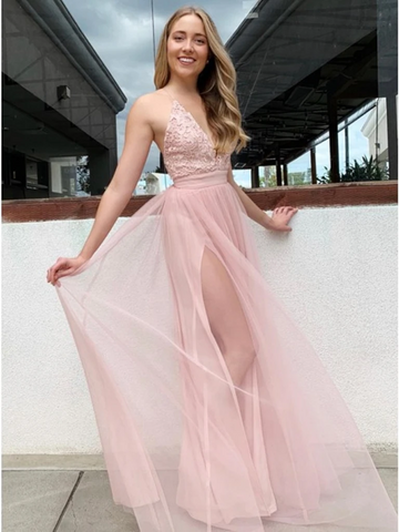 Elegant A Line Deep V Neck Pink Lace Long Prom Dresses with High Slit, Pink Lace Formal Evening Graduation Dresses