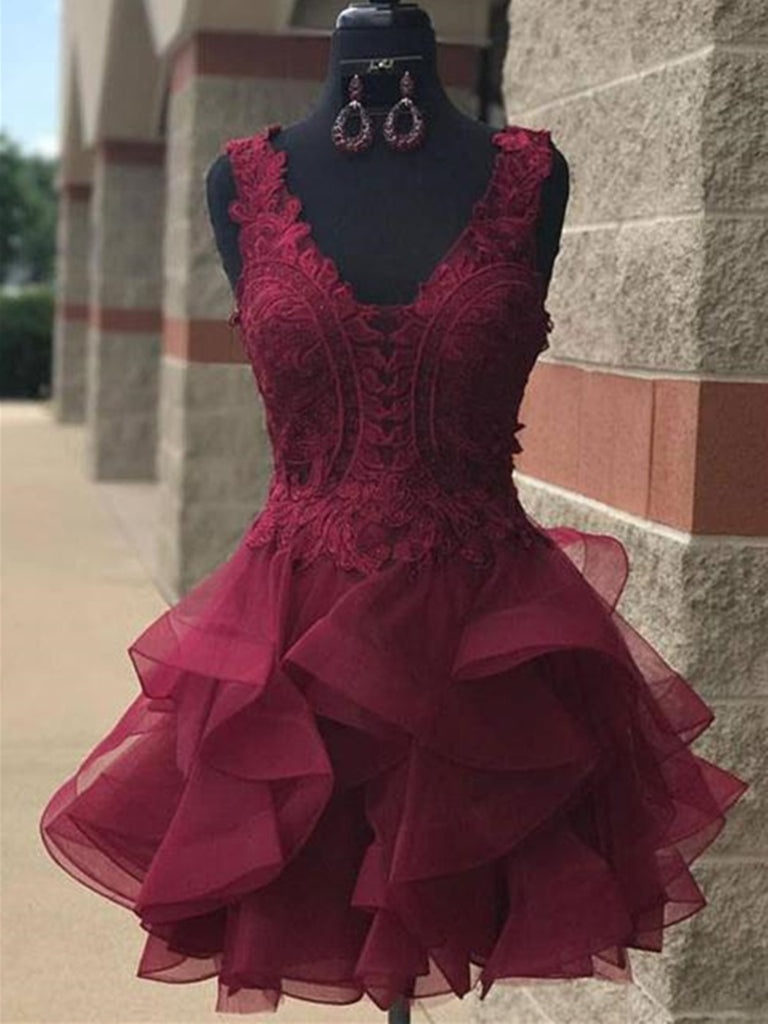 Burgundy Lace Cute Homecoming Dresses ,Burgundy Lace Short Prom Dresses 