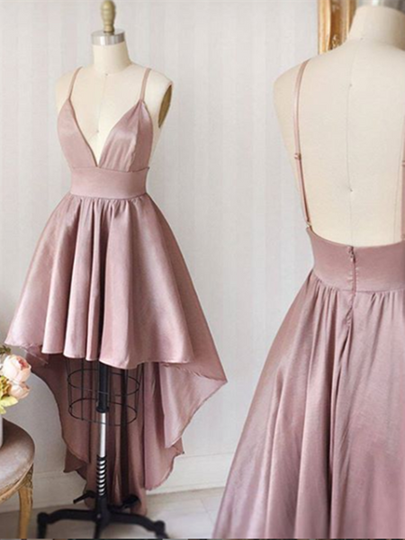 Simple Pink/Blue V Neck High Low Short Prom Dresses, Pink/Blue Short Homecoming Dresses