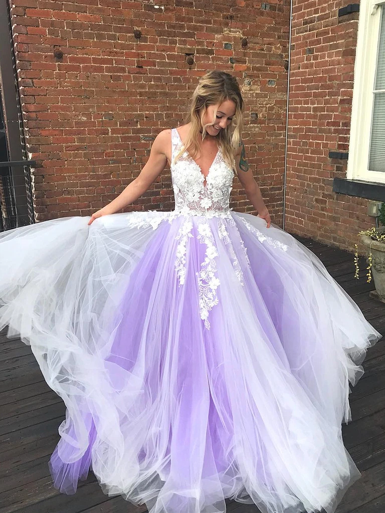 V Neck Purple Tulle Lace Long Prom Dresses, V Neck Purple Lace Formal Evening Dresses