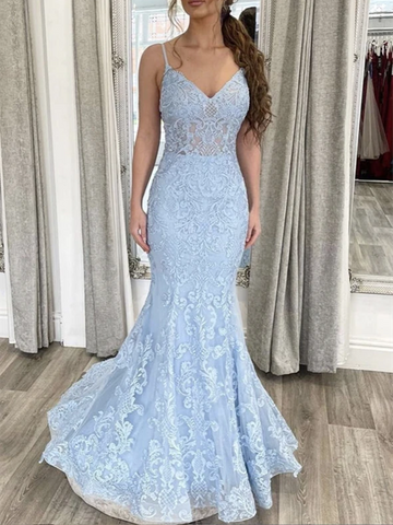 V Neck Blue Lace Mermaid Long Prom Dresses, V Neck Blue Lace Mermaid Long Formal Evening Dresses