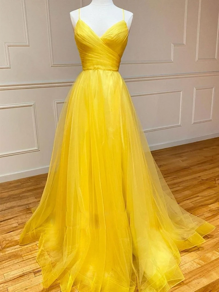 Simple V Neck Backless Yellow Tulle Long Prom Dresses, V Neck Open Back Yellow Long Formal Evening Dresses