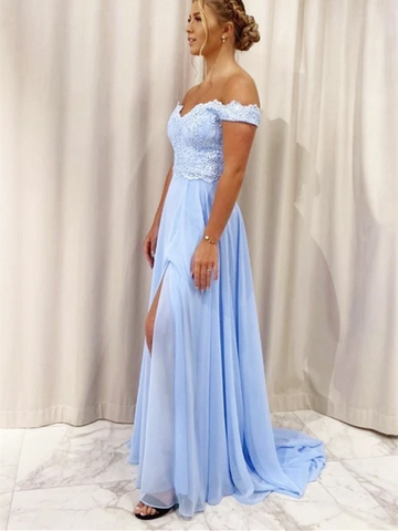 A Line Blue Chiffon Lace Long Prom Dresses, Off Shoulder Blue Chiffon Lace Long Formal Evening Dresses