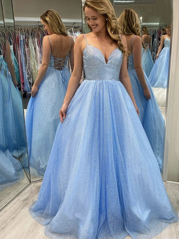 Shiny V Neck Blue Backless Prom Dresses, Open Back Light Blue Formal Evening Dresses