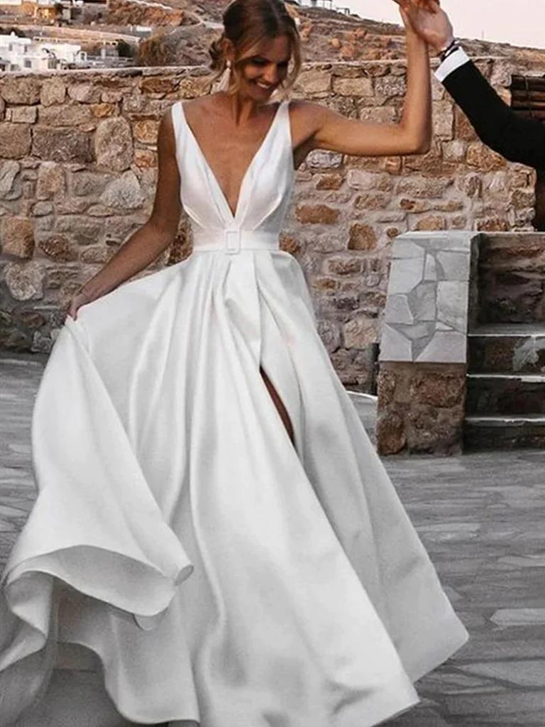 A Line Deep V Neck Ivory Satin Wedding Dresses, V Neck Ivory Satin Pro morievent A Line Deep V Neck Ivory Satin Wedding Dresses, V Neck Ivory Satin Pro morievent