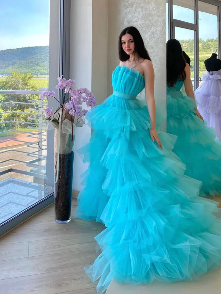 Blue Tulle High Low Prom Dresses, Blue Tulle High Low Long Formal Even –  morievent