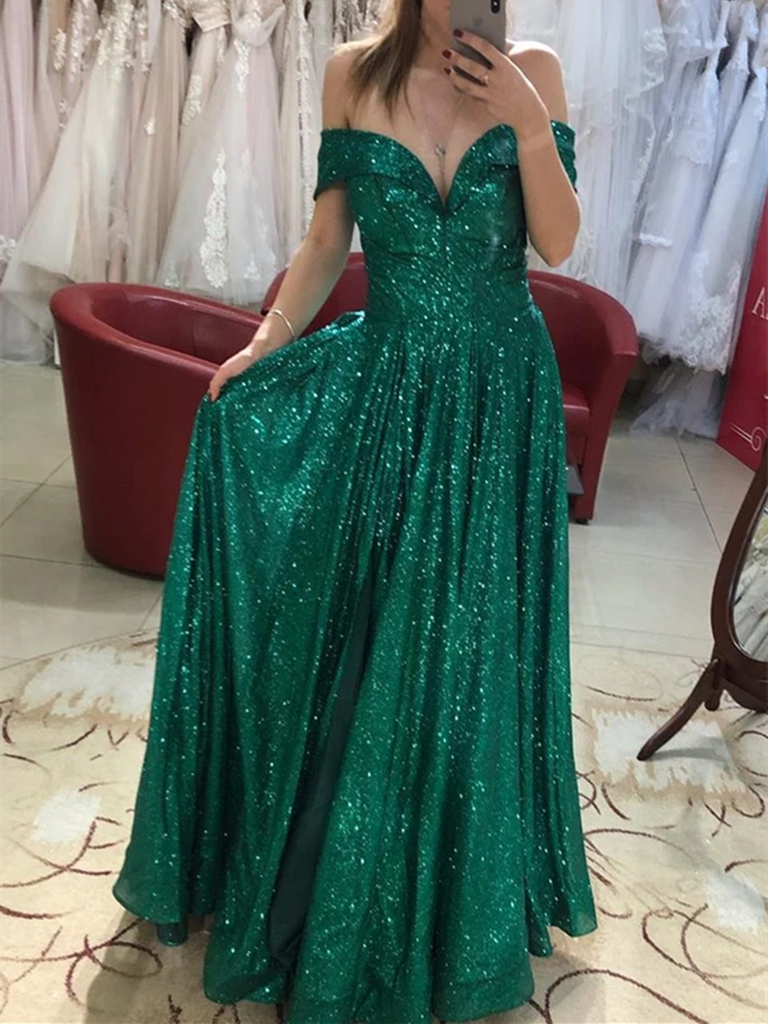 Off Shoulder Bling Bling Green Sequins Long Prom Dresses, Off the Shou morievent Off Shoulder Bling Bling Green Sequins Long Prom Dresses, Off the Shou morievent