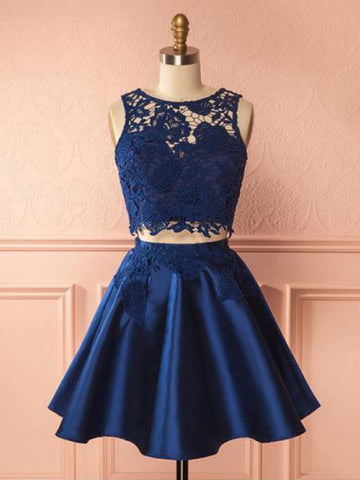 Round Neck Dark Blue 2 Pieces Lace Short Prom Dresses, Dark Blue 2 Pieces Formal Homecoming Dresses