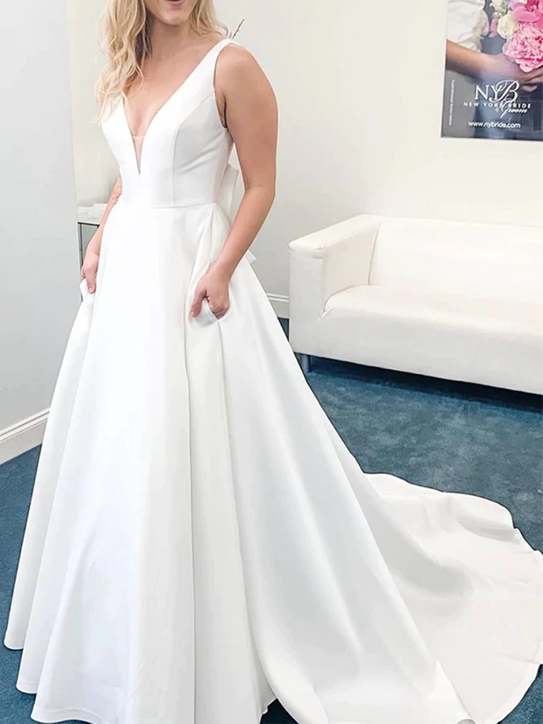 V Neck Open Back White Satin Long Prom Dresses with Train, V Neck Whit morievent V Neck Open Back White Satin Long Prom Dresses with Train, V Neck Whit morievent