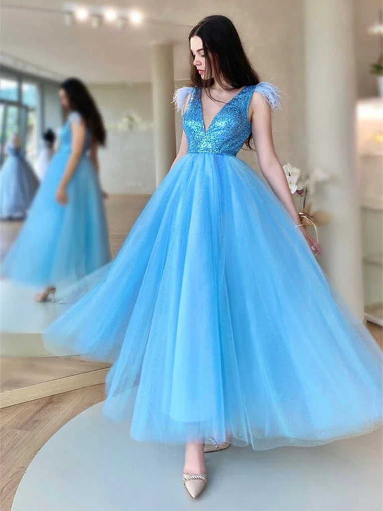 V Neck Shiny Sequins Blue Tulle Tea Length Prom Dress, Blue Tulle Home morievent V Neck Shiny Sequins Blue Tulle Tea Length Prom Dress, Blue Tulle Home morievent