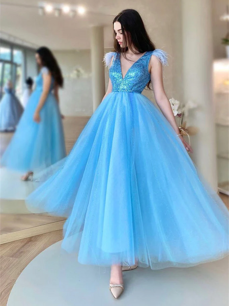 V Neck Shiny Sequins Blue Tulle Tea Length Prom Dress, Blue Tulle Homecoming Dress, Short Blue Formal Evening Dress