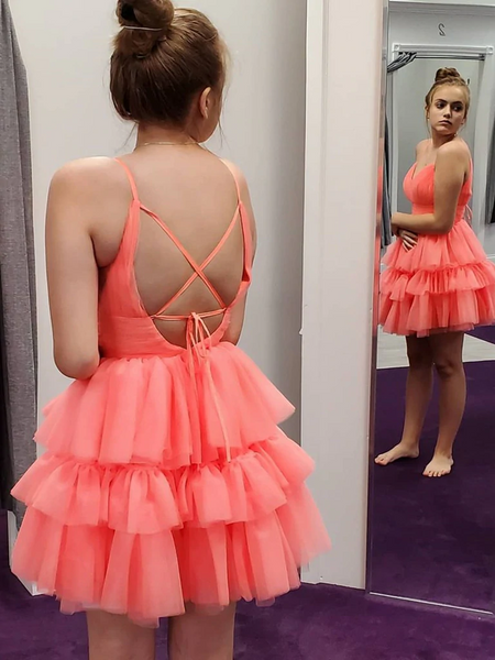 V Neck Open Back Layered Coral Short Prom Dresses, V Neck Coral Homecoming Dresses, Short Coral Formal Evening Dresses