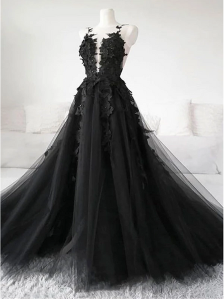 Black Tulle Lace Long Prom Dress, Black Evening Dress