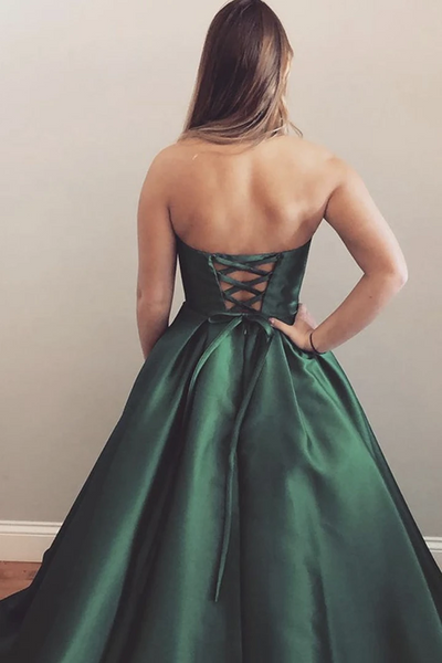 A Line Strapless Green Satin Long Prom Dresses, Simple Green Formal Evening Party Dresses
