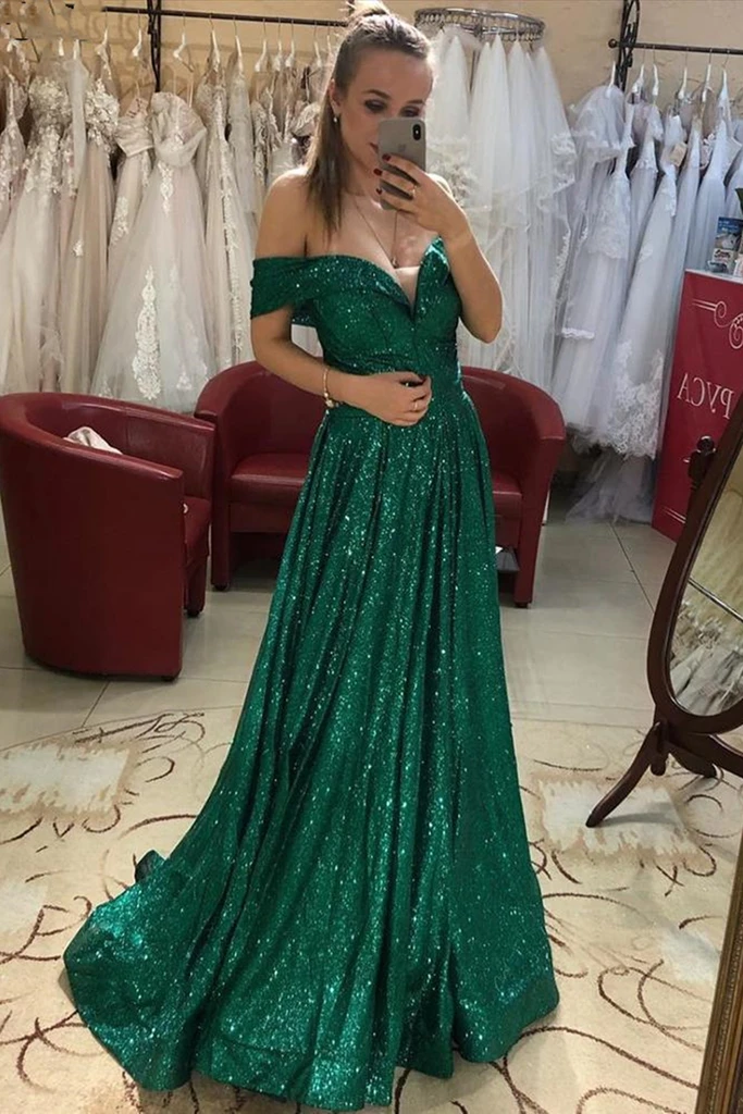 Off Shoulder Bling Bling Green Sequins Long Prom Dresses, Off the Shou morievent Off Shoulder Bling Bling Green Sequins Long Prom Dresses, Off the Shou morievent
