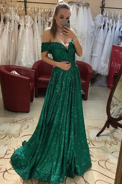 Off Shoulder Bling Bling Green Sequins Long Prom Dresses, Off the Shoulder Green Formal Dresses, Shiny Green Evening Dresses