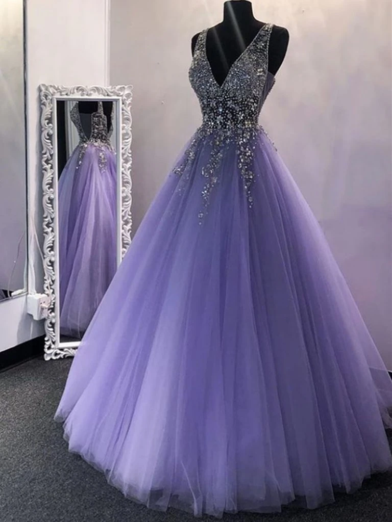 A Line V Neck Sequins Purple Tulle Long Prom Dresses, Lilac Beaded Lon morievent A Line V Neck Sequins Purple Tulle Long Prom Dresses, Lilac Beaded Lon morievent