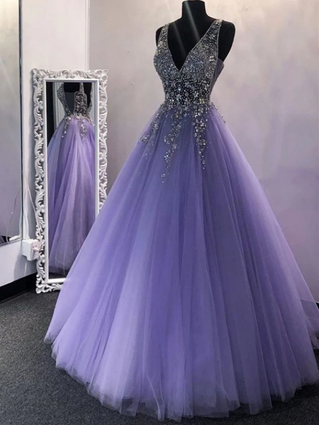A Line V Neck Sequins Purple Tulle Long Prom Dresses,  Lilac Beaded Long Formal Evening Praty Dresses