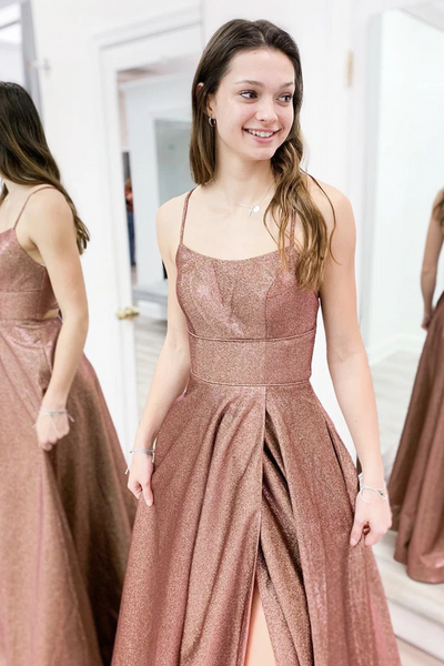 Shiny Backless Brown Long Prom Dresses, Open Back Brown Long Formal Evening Dresses