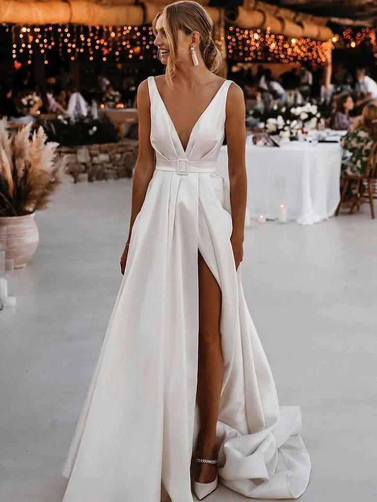 A Line Deep V Neck Ivory Satin Wedding Dresses, V Neck Ivory Satin Pro morievent A Line Deep V Neck Ivory Satin Wedding Dresses, V Neck Ivory Satin Pro morievent