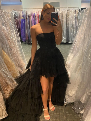 Black High Low Tulle Prom Dresses, Black Tulle High Low Formal Evening Dresses