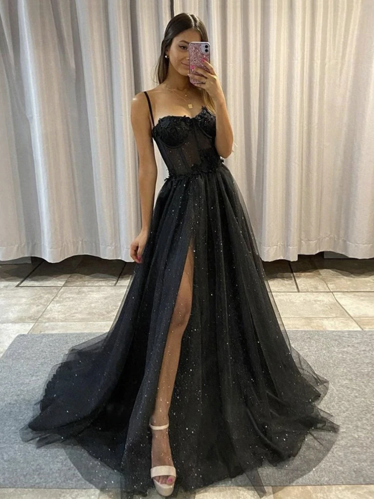 Shiny Black Lace Prom Dresses Black Lace Formal Graduation