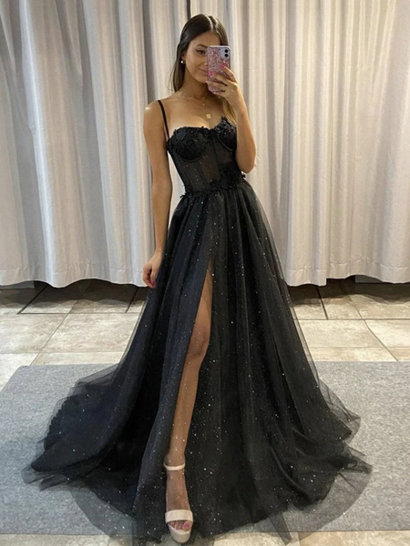 Shiny Black Lace Prom Dresses, Black Lace Formal Graduation Dresses