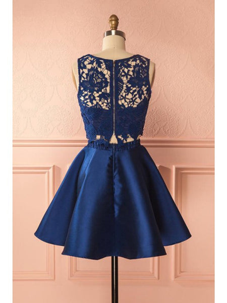 Round Neck Dark Blue 2 Pieces Lace Short Prom Dresses, Dark Blue 2 Pieces Formal Homecoming Dresses