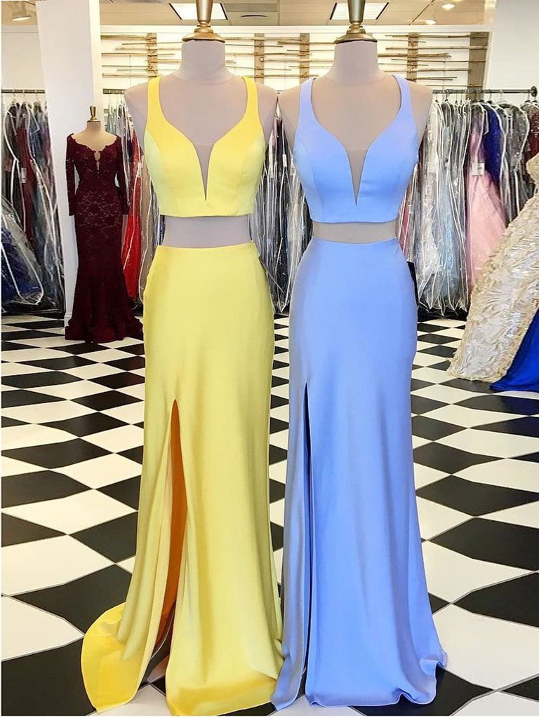 V Neck Blue/Yellow Mermaid Two Pieces Satin Long Prom Dresses, 2 Pieces Blue/Yellow Formal Evening Dresses