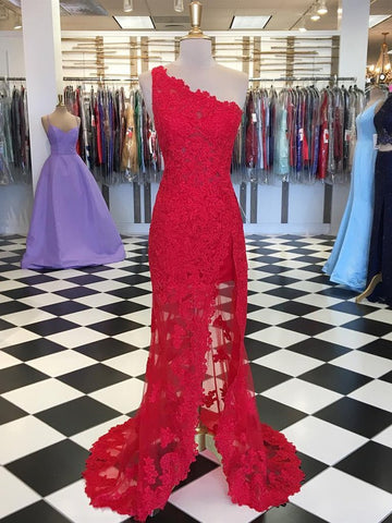 Red Mermaid One Shoulder Lace Long Prom Dresses with High Slit, Mermaid Red Lace Formal Evening Dresses