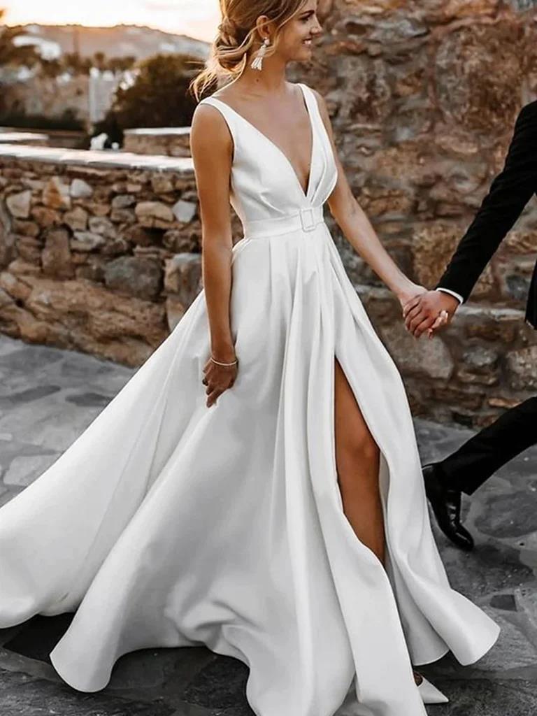 A Line Deep V Neck Ivory Satin Wedding Dresses, V Neck Ivory Satin Pro morievent A Line Deep V Neck Ivory Satin Wedding Dresses, V Neck Ivory Satin Pro morievent