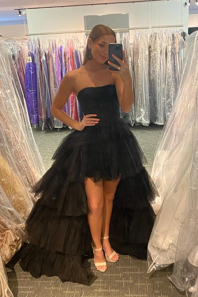 Black High Low Tulle Prom Dresses, Black Tulle High Low Formal Evening Dresses