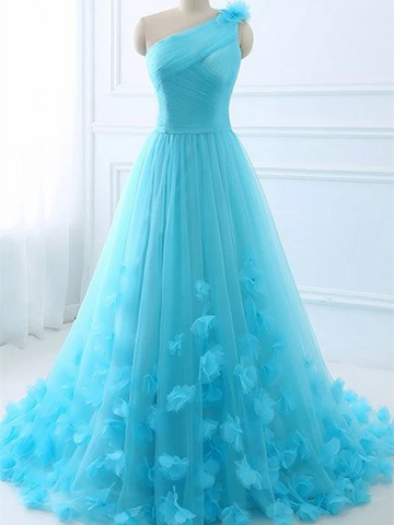 One Shoulder Blue 3D Flowers Long Prom Dresses, Blue Floral Formal Evening Dresses