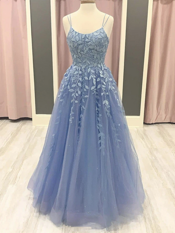 A Line Blue Lace Long Prom Dresses, Blue Lace Long Formal Evening Dresses