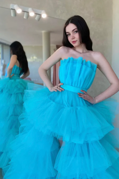 Blue Tulle High Low Prom Dresses, Blue Tulle High Low Long Formal Evening Dresses