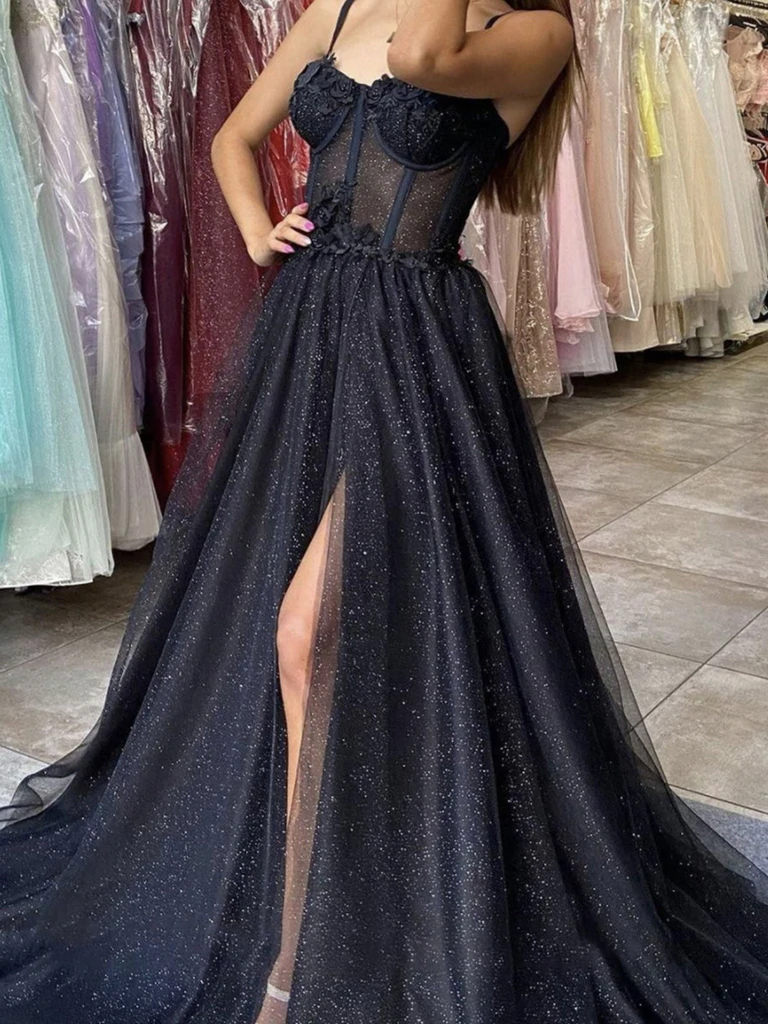Strapless Black Lace Prom Dresses, Black Lace Formal Evening Dresses -  shegown